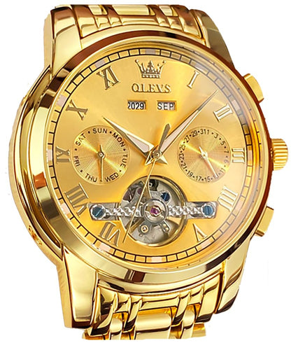 HOTOLEVS Self Winding Watches for Men Automatic Mechanical Dress Tourbillon Stainless Steel Dual Calendar Waterproof Luminous Wrist Watch
