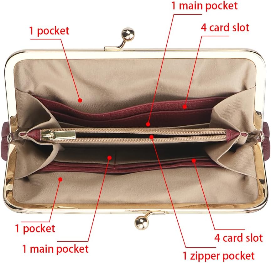HOTRoyal Bagger RFID Kiss Lock Wallet, Solid Color Multi-card Slots Card Holder, Genuine Cow Leather Clutch Purses for Women 1468 (Almond Green)