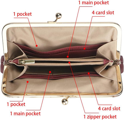 HOTRoyal Bagger RFID Kiss Lock Wallet, Solid Color Multi-card Slots Card Holder, Genuine Cow Leather Clutch Purses for Women 1468 (Almond Green)