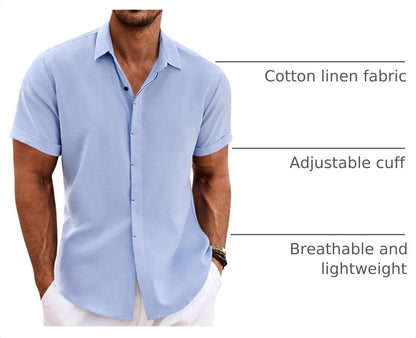 HOTCOOFANDY Men's Linen Shirts Short Sleeve Casual Shirts Button Down Shirt for Men Beach Summer Wedding Shirt