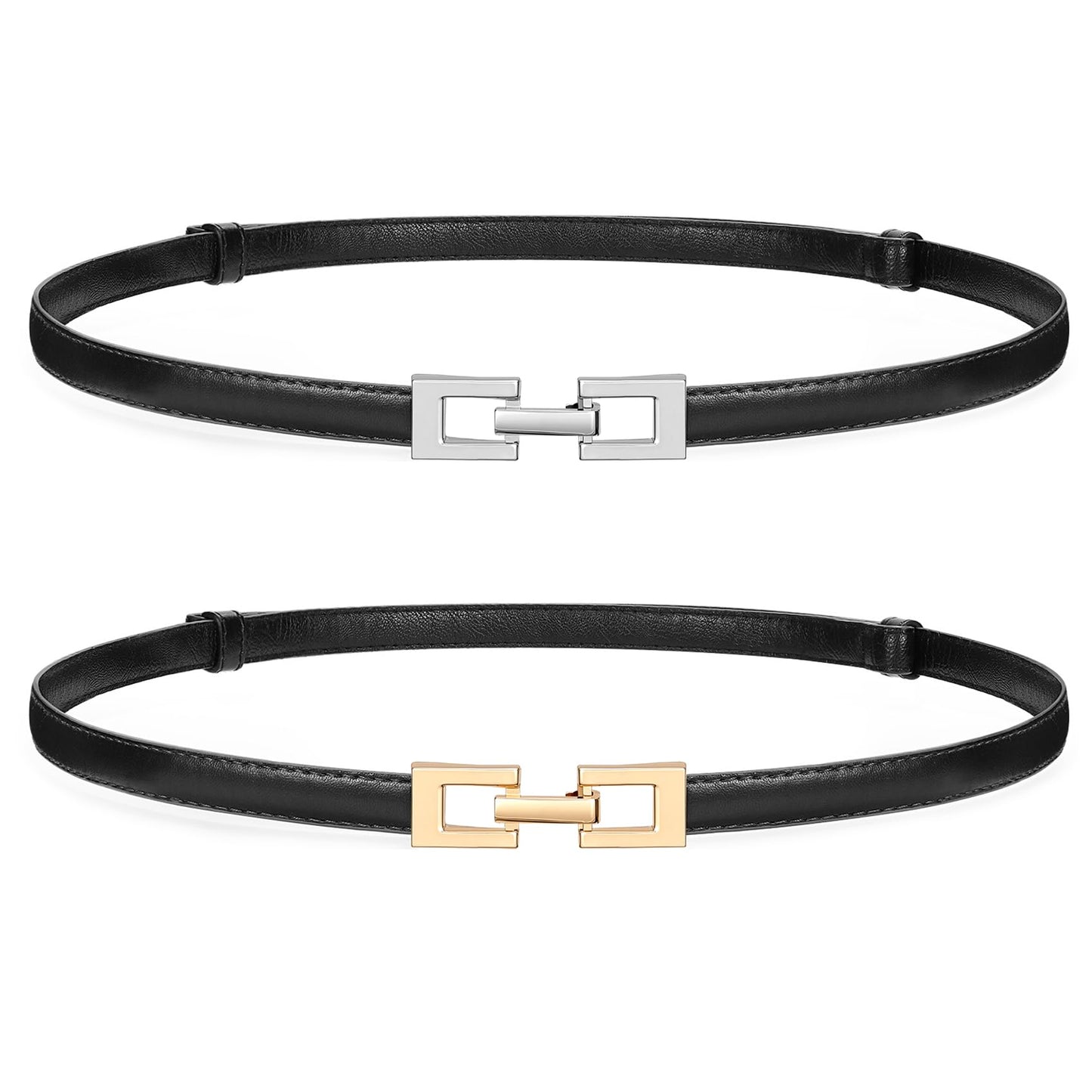 HOTWERFORU 2 Pack Women Skinny Belt Thin Waist Belt for Pants Leather Belt with Gold Buckle for Jeans Dress,0.6" width