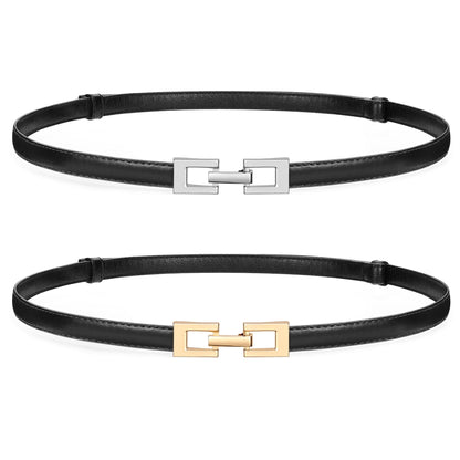 HOTWERFORU 2 Pack Women Skinny Belt Thin Waist Belt for Pants Leather Belt with Gold Buckle for Jeans Dress,0.6" width