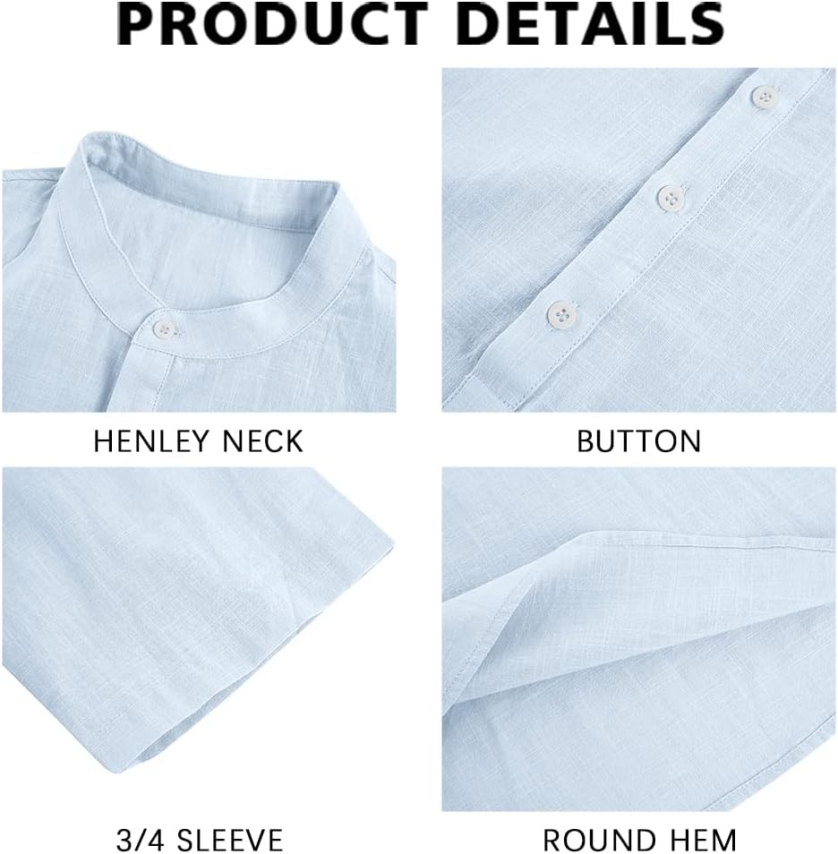 HOTRyannology Mens Linen Shirts Casual Cotton 3/4 Sleeve Regular-Fit Henley T-Shirt Summer Lightweight Beach Yoga Tops