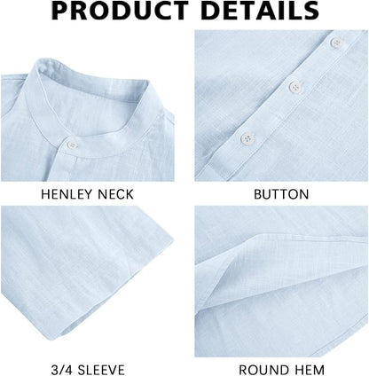 HOTRyannology Mens Linen Shirts Casual Cotton 3/4 Sleeve Regular-Fit Henley T-Shirt Summer Lightweight Beach Yoga Tops
