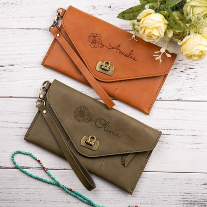 HOTPersonalized Leather Wristlet Pouch Birth Flower Custom Name Wrist Bag Wallet – Gift for Her
