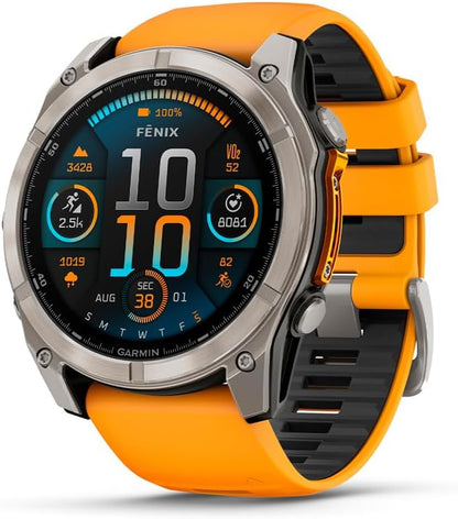 HOTGarmin fēnix® 8 – 51 mm, AMOLED, Sapphire, Premium Multisport GPS Smartwatch, Long-Lasting Battery Life, Dive-Rated, Built-in LED Flashlight, Titanium with Spark Orange/Graphite Band | 51mm Amoled with Sapphire Lens, Titanium Bezel, Spark Orange and Gr