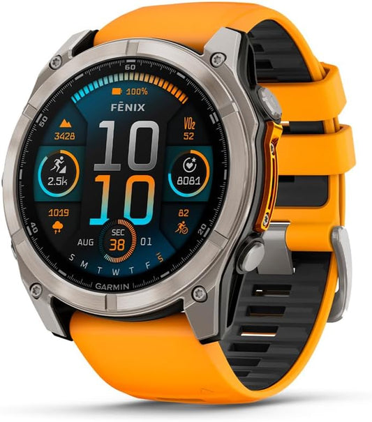 HOTGarmin fēnix® 8 – 51 mm, AMOLED, Sapphire, Premium Multisport GPS Smartwatch, Long-Lasting Battery Life, Dive-Rated, Built-in LED Flashlight, Titanium with Spark Orange/Graphite Band | 51mm Amoled with Sapphire Lens, Titanium Bezel, Spark Orange and Gr