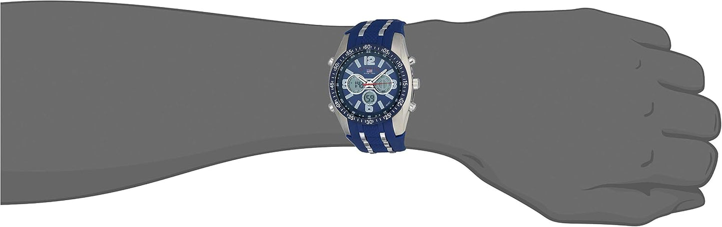 HOTU.S. Polo Assn. Men's Sport Watch with Analog-Digital Display, Blue Silicone Strap, Backlight Timer Alarm Day Date, 44mm Case, Fits Wrists 6.5" to 8.5"