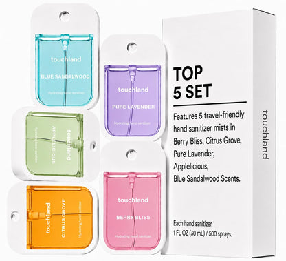 HOTTouchland Top 5 Hydrating Hand Sanitizer Spray Set Travel Size | TSA ready Power Mist with skincare benefits. Applelicious, Berry Bliss, Blue Sandalwood, Citrus Grove and Pure Lavender