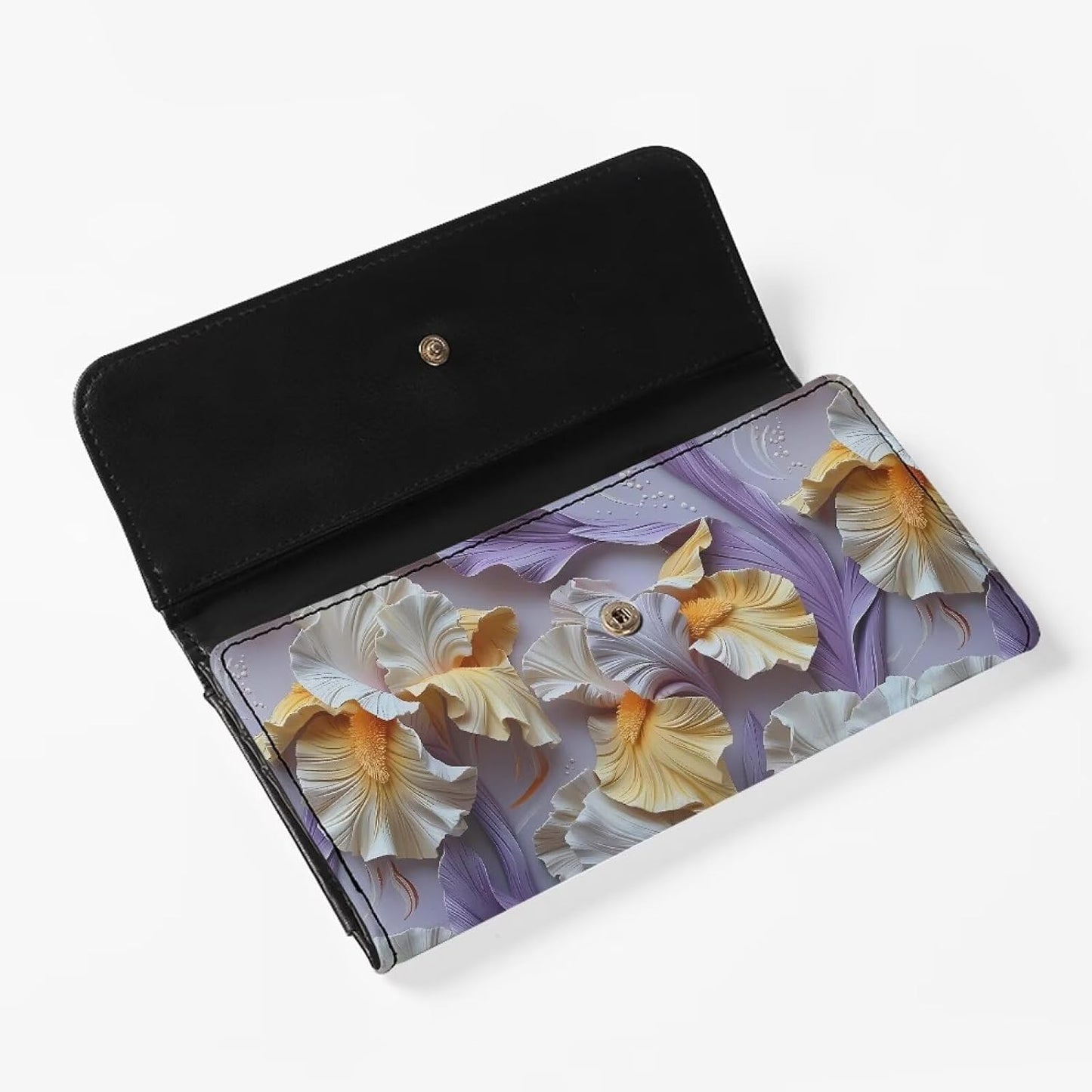 HOTPainting Iris Long Wallets for Women PU Leather Ladies Billfold Wallet,Snap Closure, Purple White Yellow Flowers Trifold Clutch Checkbook Purse with Zipper Pocket