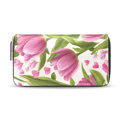 HOTWomens Long Leather Wallet Zip Around Clutch Purse Large Capacity Card Holder Organizer Pink Grid Roses