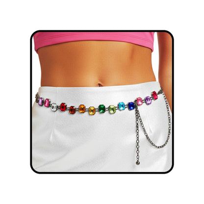 HOTELABEST Rainbow Belt Chain Colorful Waist Chains Rhinestone Gold Jewelry for Women