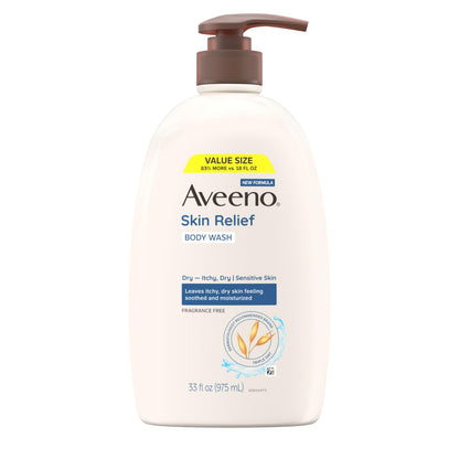 HOTAveeno Skin Relief Body Wash with Triple Oat Complex, Fragrance-Free, Gentle Daily Body Wash for Sensitive Skin Leaves Itchy, Dry Skin Feeling Soothed & Moisturized, Value Size 33 Fl Oz