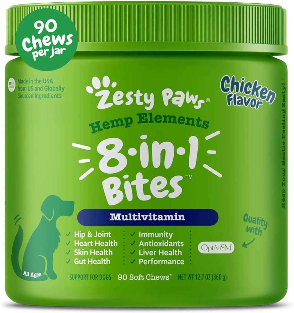 HOTZesty Paws Dog Multivitamin, Chewable Dog Vitamins and Supplements for Hip & Joints, Skin & Coat, Omega 3 Fish Oil for Dogs- Senior & Puppy Multivitamin- Chicken- 90ct