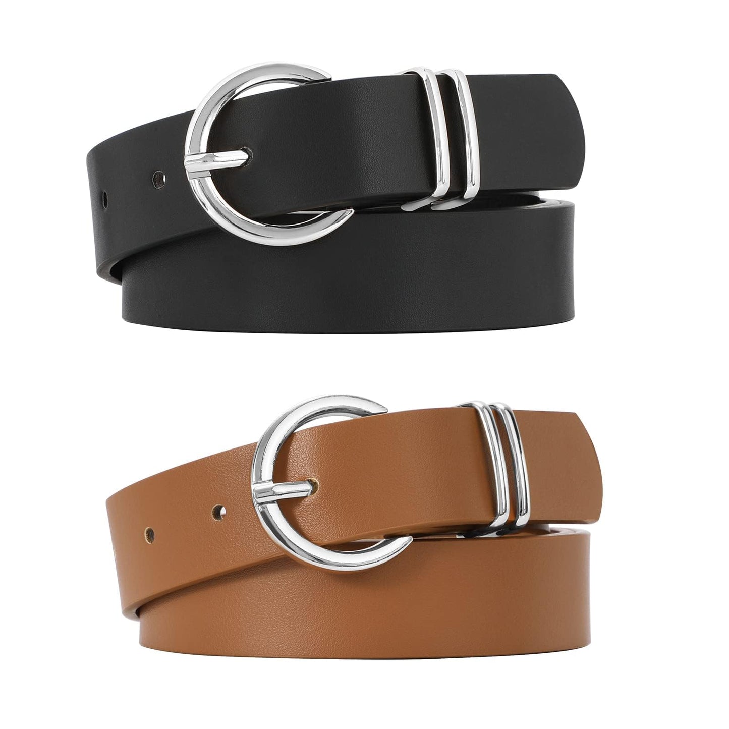 HOTVONMELLI 2 Pack Women's Leather Belts for Jeans Dresses Fashion Gold Buckle Ladies Belt