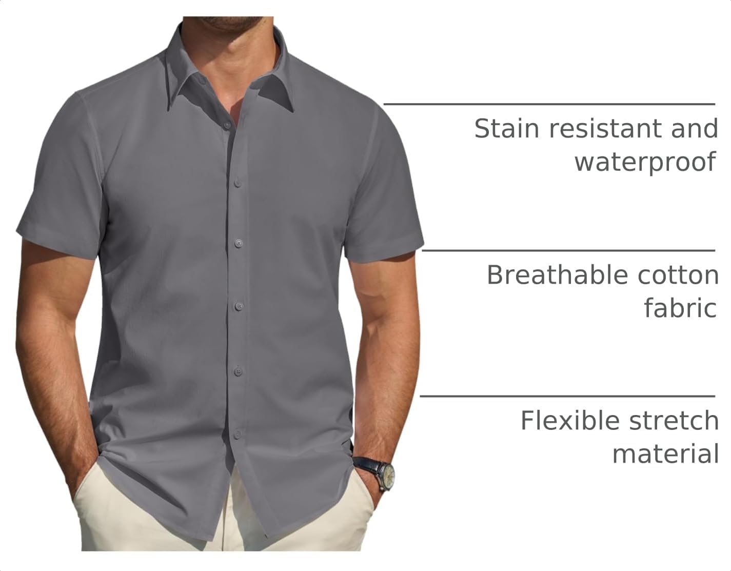 HOTJ.VER Men's Short Sleeve Dress Shirts Stretch Stain Shield Casual Button Down Shirts Solid Formal Shirt