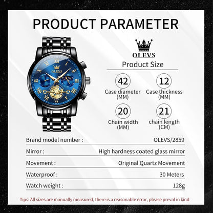 HOTOLEVS Watches Men Waterproof Luxury Big Face Mens Watch Stainless Steel Quartz Analog Dress Watches for Men Luminous Multifunction Man Watch Relojes De Hombre