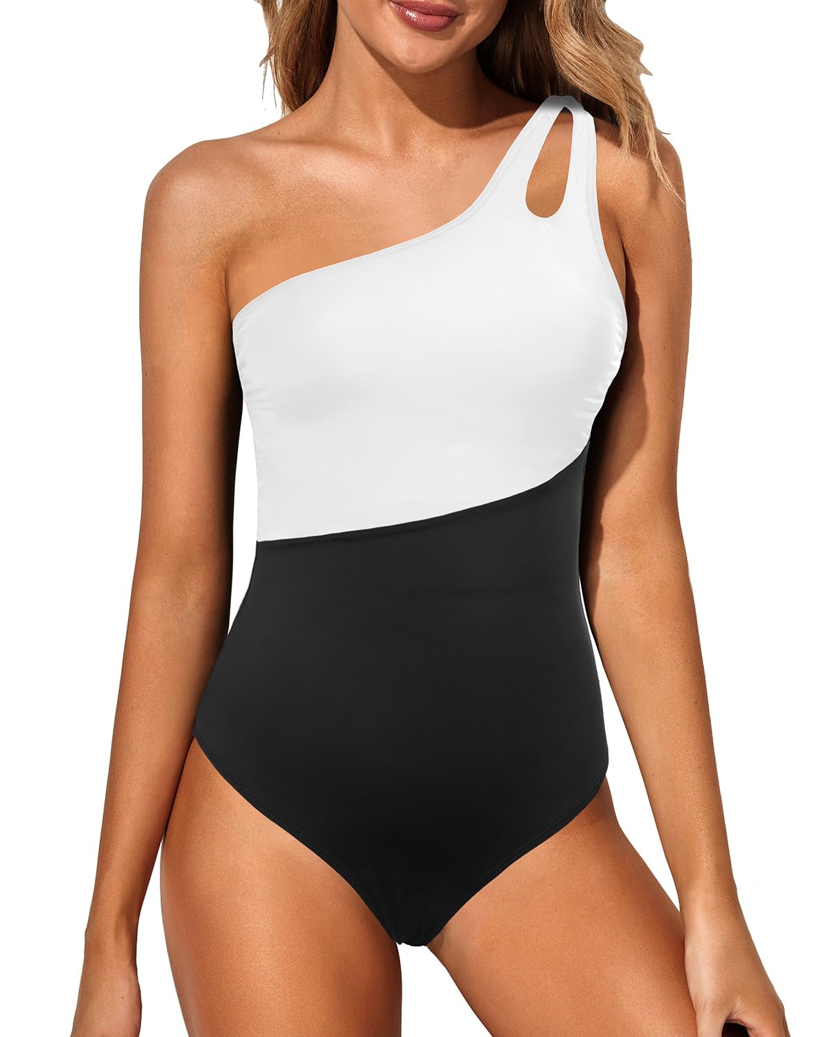 HOTWomen's One Shoulder One Piece Tummy Control Swimsuit Full Coverage | Keyhole Design, Full Coverage Fit, Modest Style, Ruched Waist, Adjustable Shoulder Strap, Removable Soft Cups