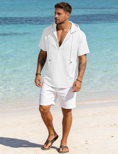 HOTMen's Cotton Linen Shirts Short Sleeve Casual Button Down Hoodies Summer Hawaiian Beach Top with Drawstring