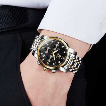 HOTOLEVS Men's Stainless Steel Chronograph Watch, Big Face Gold Silver Black Tone Easy to Read Analog Quartz Watch, Luxury Waterproof Date Diamond Roman Arabic Numerals Dial Dress Watch for Men