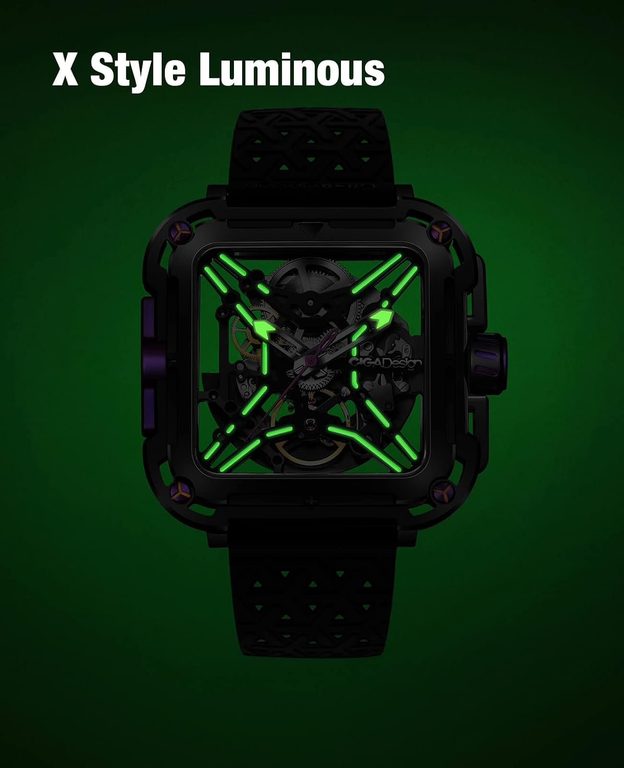 HOTCIGA Design Mechanical Automatic Watch X Series SUV Inspired Anti-Shock Design Sapphire Crystal Analog Skeleton Watches with Silicone Strap Fashion Wrist Accessories Gifts for Men and Women