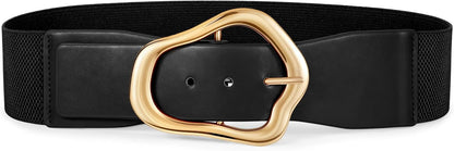 HOTXZQTIVE Women Wide Elastic Waist Belt for Dresses Fashion Big Gold Buckle Stretchy Leather Waistband for Ladies