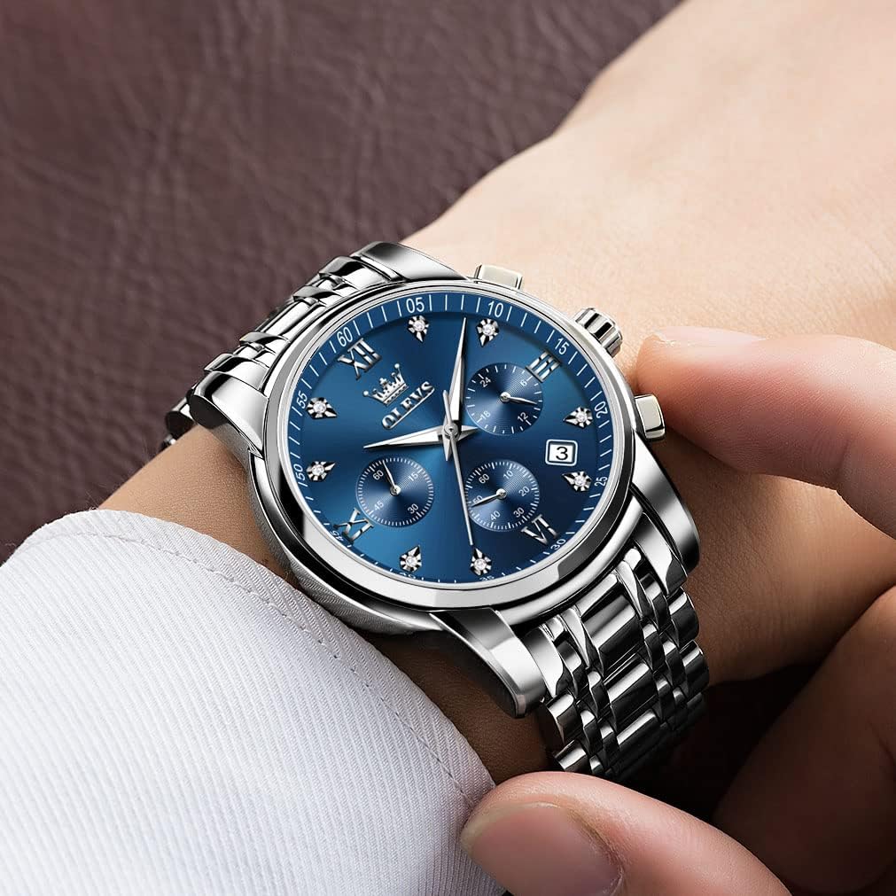 HOTOLEVS Men's Stainless Steel Chronograph Watch, Big Face Gold Silver Black Tone Easy to Read Analog Quartz Watch, Luxury Waterproof Date Diamond Roman Arabic Numerals Dial Dress Watch for Men