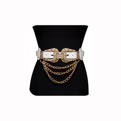 HOTDubulle Womens Belt Chain Leather Belts Vintage Western Adjustable Elastic Double Buckle for Cowboy Pant Dress