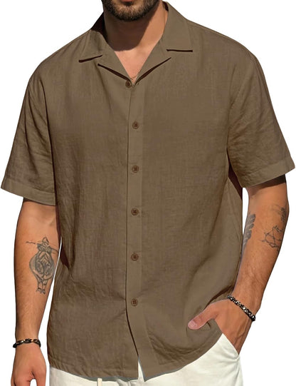 HOTMens Cotton Linen Shirt Casual Lightweight Button Down Shirt Short Sleeve Summer Beach Vacation Tops