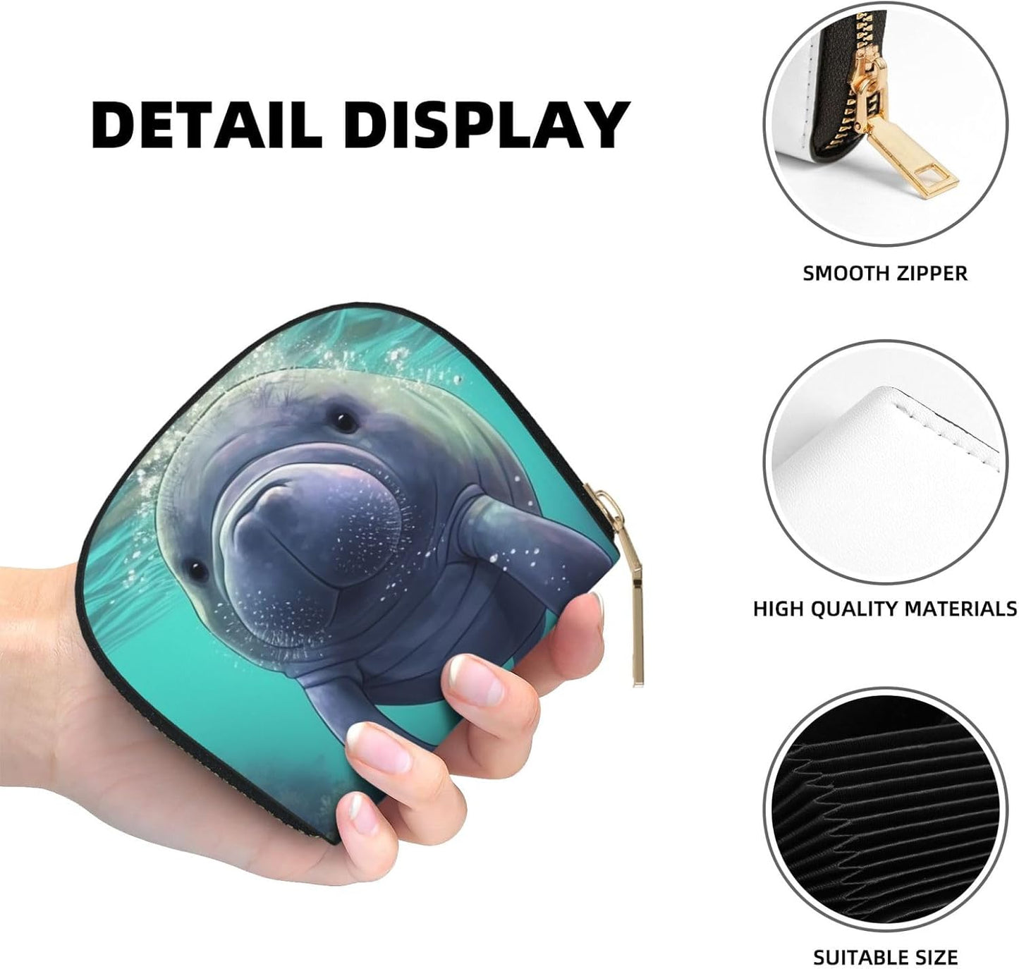 HOTLeather Credit Card Holder for Women Men Wallet Mini Coin Purse Pouch Cute Sea Animal Manatee Change Purse With Zipper Business Card Case