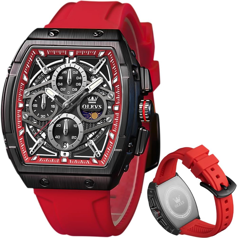 HOTOLEVS Men Watches Business Dress Chronograph Big Square Quartz Analog Male Watch Silicone Strap Waterproof Date Gift Mens Wrsit Watch Silver