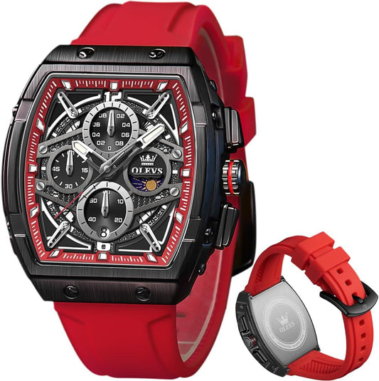 HOTOLEVS Men Watches Business Dress Chronograph Big Square Quartz Analog Male Watch Silicone Strap Waterproof Date Gift Mens Wrsit Watch Silver