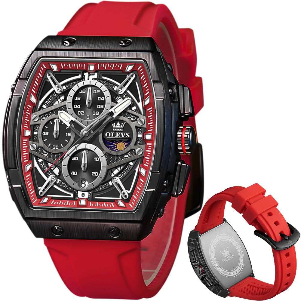 HOTOLEVS Men Watches Business Dress Chronograph Big Square Quartz Analog Male Watch Silicone Strap Waterproof Date Gift Mens Wrsit Watch Silver