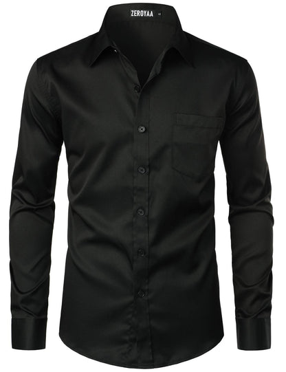 HOTZEROYAA Men's Urban Stylish Casual Business Slim Fit Long Sleeve Button Up Dress Shirt with Pocket