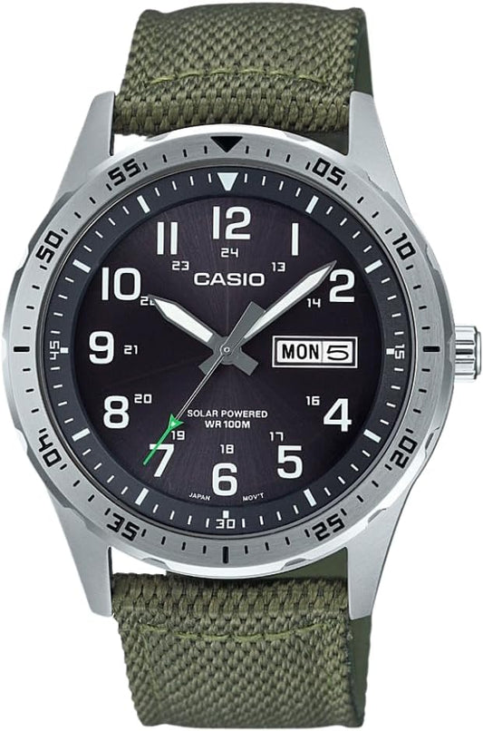 HOTCasio MTPS120L Series | Unisex Analog Watch | 100M WR | Stainless Steel Case | 3 Hand Analog (HR, Min, SEC) | Date Display | Low Battery Alert | Military Styling | Solar Powered