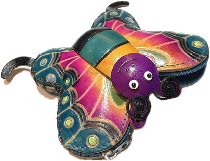 HOTVintage Genuine Leather 3D Animal Butterfly Coin Purse With Removable Wrist Strap (Blue)