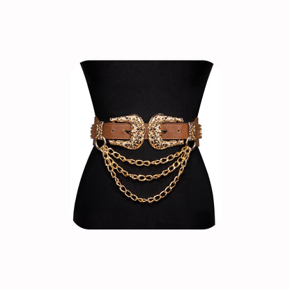 HOTDubulle Womens Belt Chain Leather Belts Vintage Western Adjustable Elastic Double Buckle for Cowboy Pant Dress