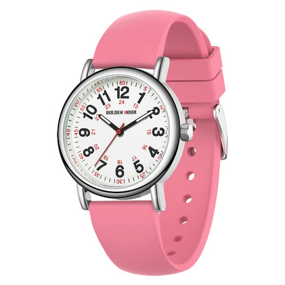 HOTGOLDEN HOUR Waterproof Nurse Watch for Medical Professionals, Students Women Men - Military Time Luminouse Easy Read Dial, 24 Hour with Second Hand, Colorful Silicone Band