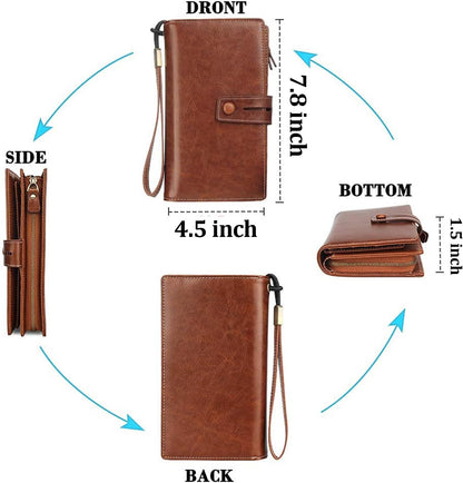 HOTFT FUNTOR Women's Big Fat RFID Blocking Wallet Leather Zip Around Clutch Large Phone Organizer Wristlet