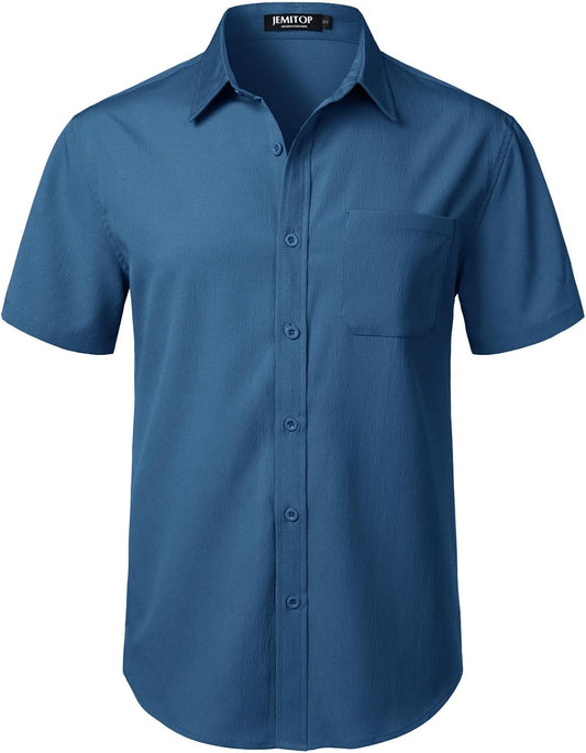 HOTJEMITOP Mens Stretch Wrinkle Free Texture Shirts | Lightweight, Summer, Beach, Stylish, Button Down, Short Sleeve, Casual, Vacation