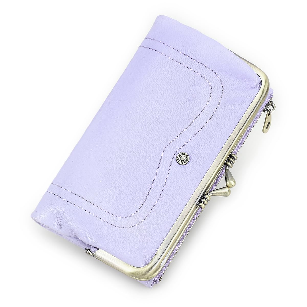 HOTCONTACTS Full Grain Goat Leather Kiss Lock Wallet for Women Vintage Clutch Wallet with Rfid Blocking Zipper Coin Purse (Red)
