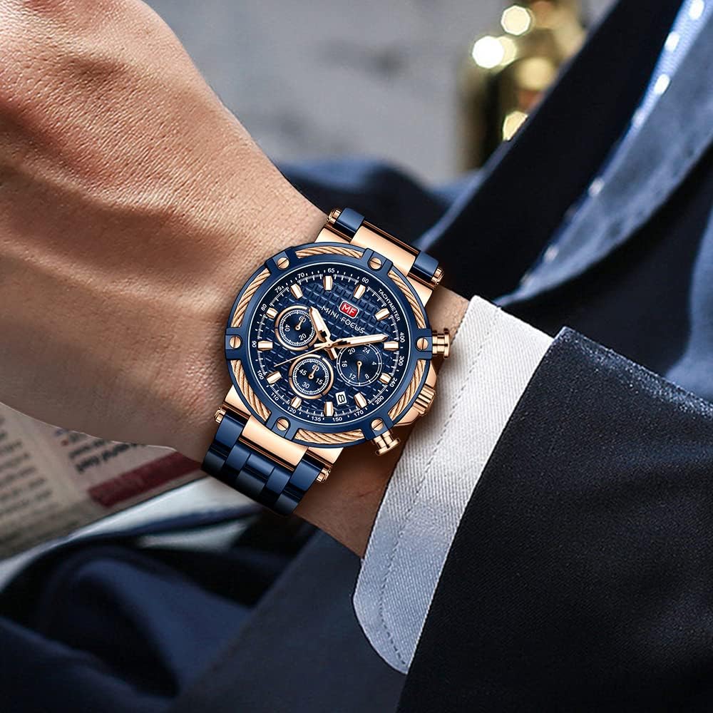 HOTMF MINI FOCUS Business Men Watches (Chronograph/Waterproof/Luminous/Calendar/24 Hours) Big Face Stainless Steel Band Watches for Men