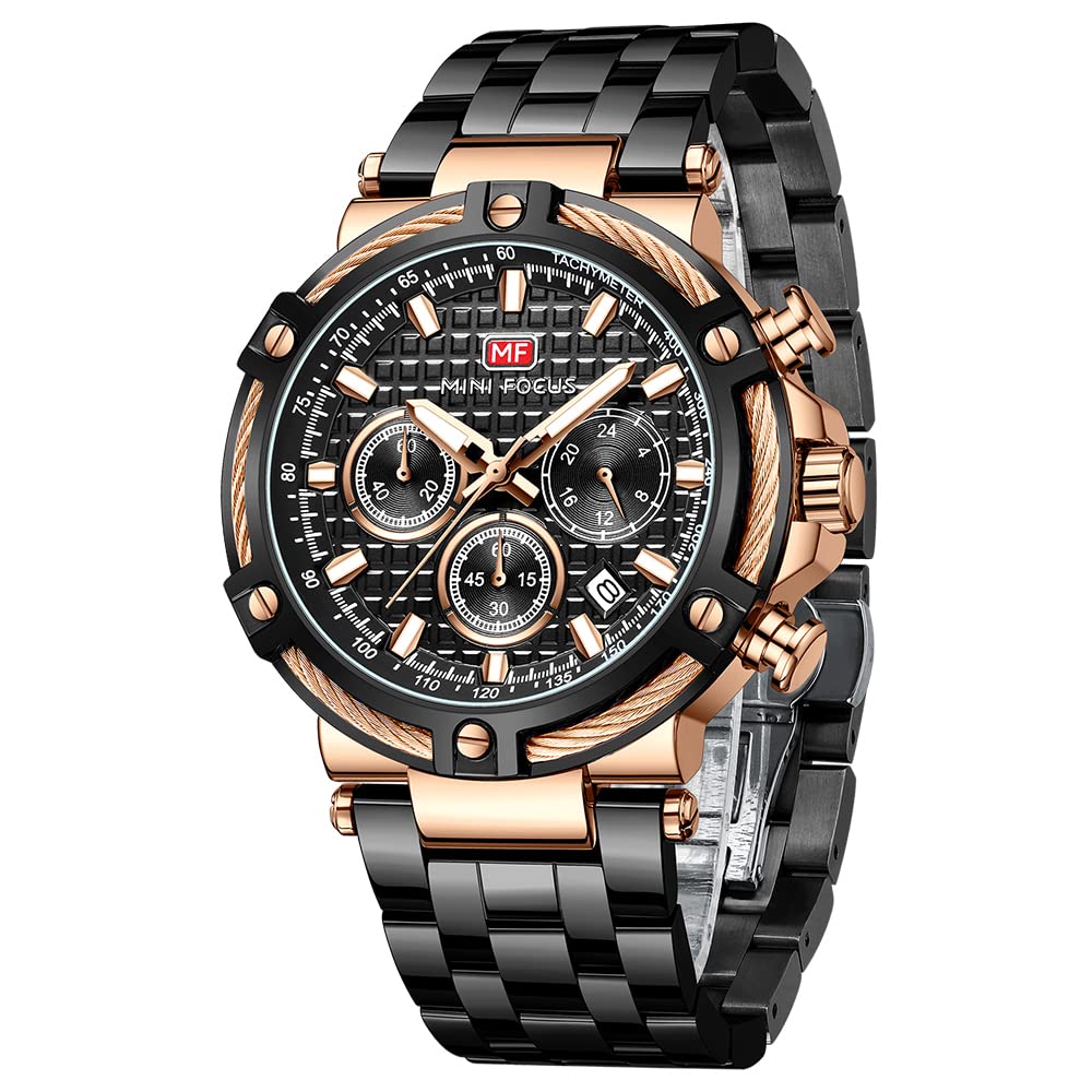HOTMF MINI FOCUS Business Men Watches (Chronograph/Waterproof/Luminous/Calendar/24 Hours) Big Face Stainless Steel Band Watches for Men