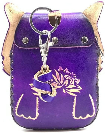 HOTHandmade Vintage Genuine Leather 3D Fox Animal Coin Purse With Removable Wrist Strap (Purple)