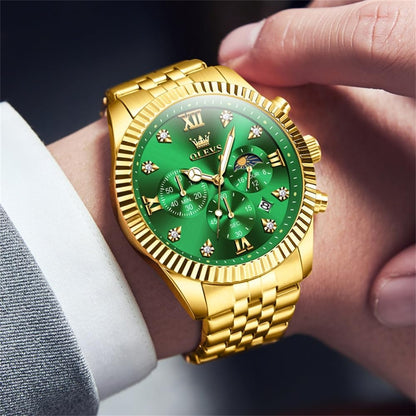 HOTOLEVS Gold Watches for Men Luxury Dress Green Big Face Stainless Steel Analog Quartz Mens Watch Wrist Waterproof Fashion Chronograph Moon Phase Luminous Mens Watches Relojes para Hombres