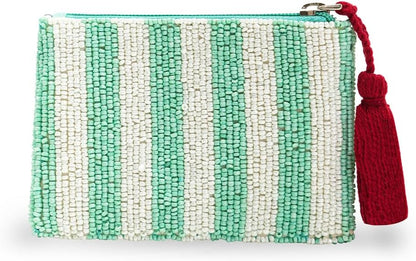 HOTAmerica & Beyond Hand-Beaded Coin Pouch, Striped Seashell Design, Mini Zip Pouch with Tassel, 5 x 3.5 Inch