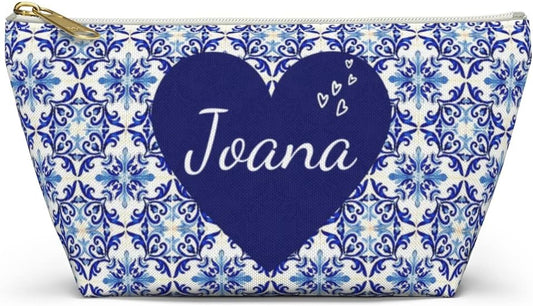 HOTPersonalized Pouches with Zipper, Makeup Cosmetic Case Travel, Pencil Pouch for Women, Portuguese Blue Tile Bag, Portugal Gifts for Mom