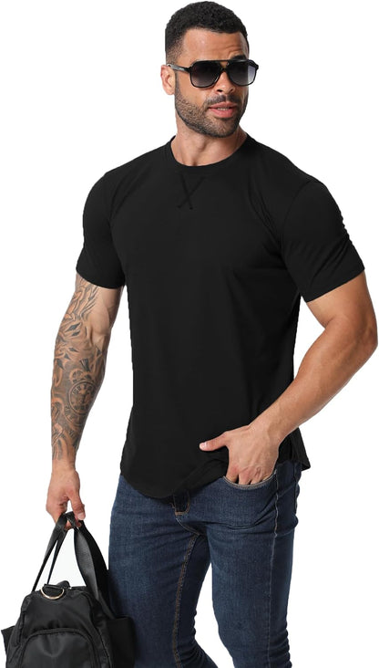 HOTMens 3 Pack Plain Cotton Shirts Short Sleeve Casual Crew Neck T-Shirts Hipster Hip Hop Longline Tees Drop Cut Curved Hem