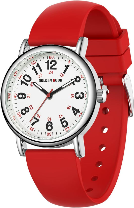 HOTGOLDEN HOUR Waterproof Nurse Watch for Medical Professionals, Students Women Men - Military Time Luminouse Easy Read Dial, 24 Hour with Second Hand, Colorful Silicone Band