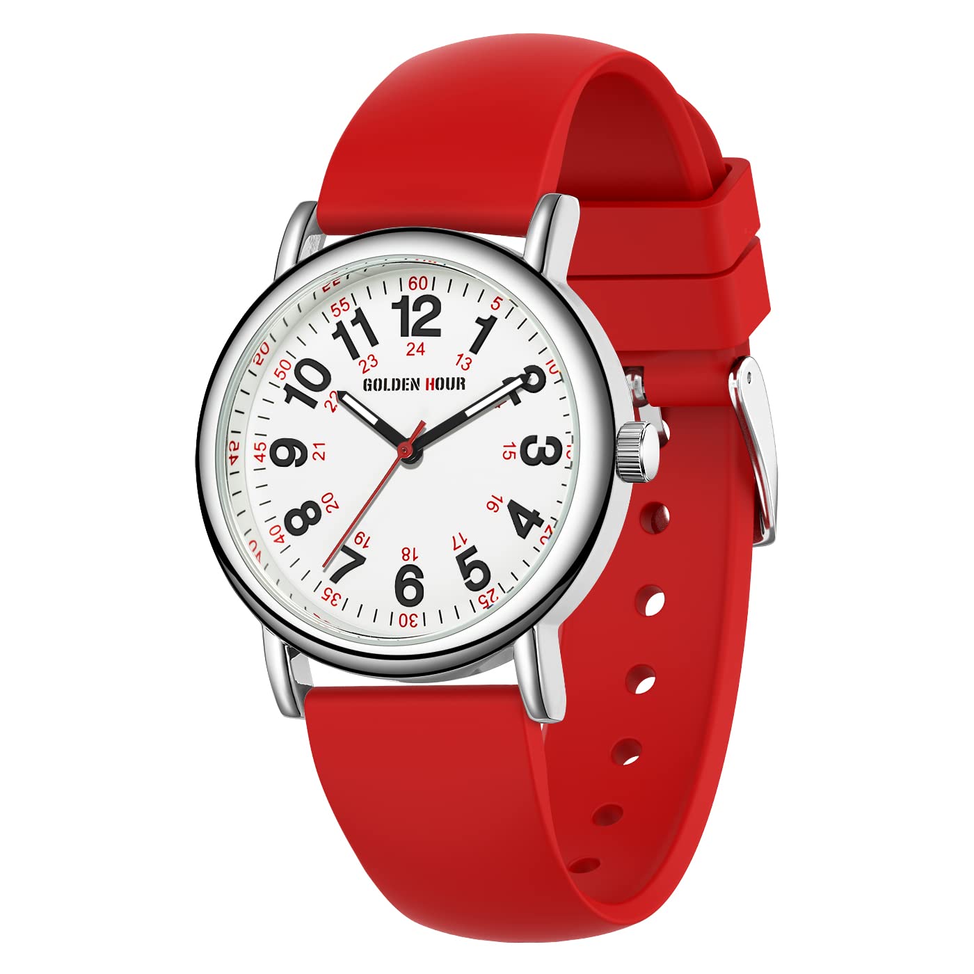 HOTGOLDEN HOUR Waterproof Nurse Watch for Medical Professionals, Students Women Men - Military Time Luminouse Easy Read Dial, 24 Hour with Second Hand, Colorful Silicone Band
